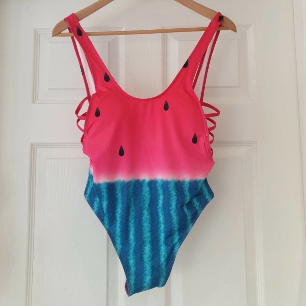 Love & Other Things watermelon print swimsuit, scoop back low sides, NWOT